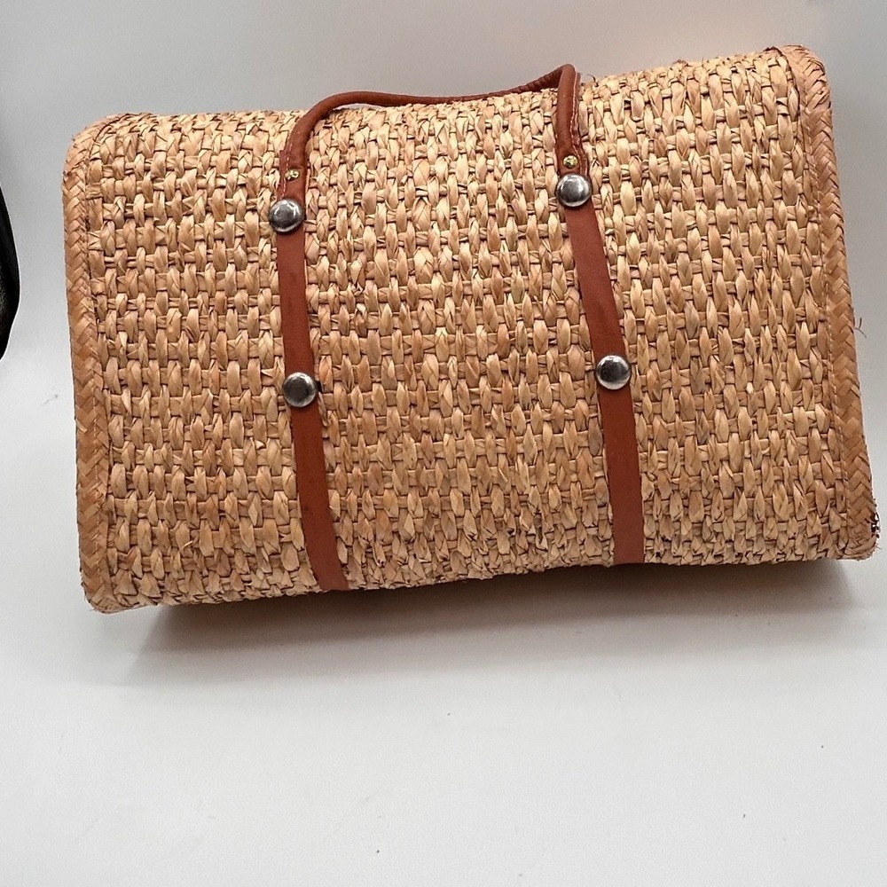 Vintage Woven Straw Floral Embroidered Satchel Bag Boho Cottagecore Natural Tan - Picture 7 of 11